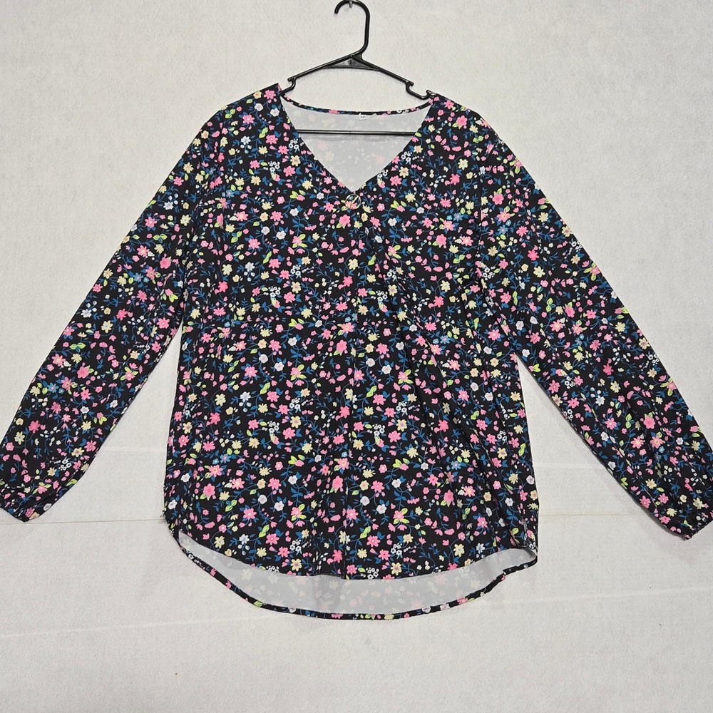 Womens Black‎ Floral Print V Neck Long Sleeve Tunic Top Plus Size XXL